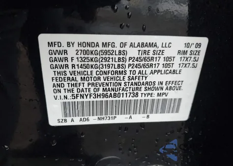 2010 Honda Pilot Touring from USA, damaged, VIN 5FNYF3H96AB011738